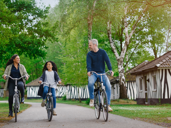 Een gezin van drie fietst over een pad op Vakantiepark Beekse Bergen, langs de accommodaties met zebraprint.