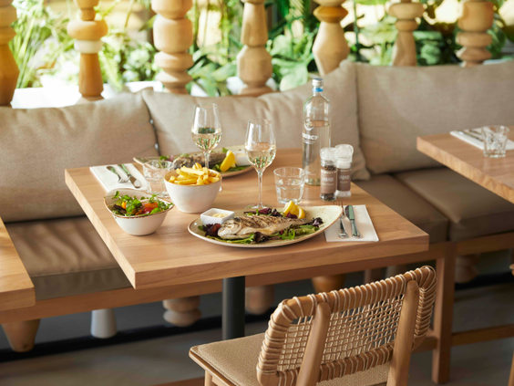 Gedekte tafel met een smakelijk visgerecht en frietjes op het terras van restaurant Labadi Beekse Bergen