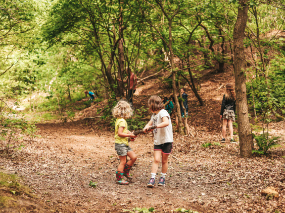 Kinderen wandelen over een bospad op het bosrijke terrein van de camping