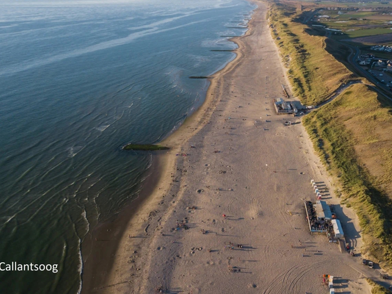 Bovenaanzicht van de uitgestrekte kustlijn bij de Noordzee