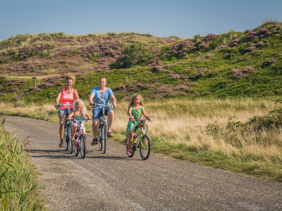 Een gezin met twee jonge kinderen fietst over een fietspad door het heuvelachtige duinlandschap van Texel.