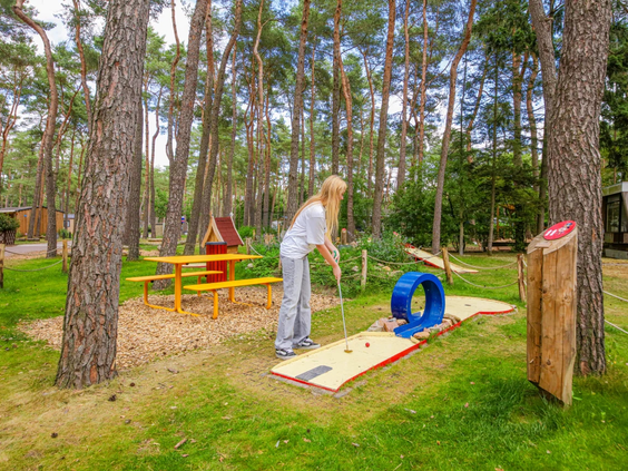Gasten spelen midgetgolf op de baan van camping de Scheepsbel