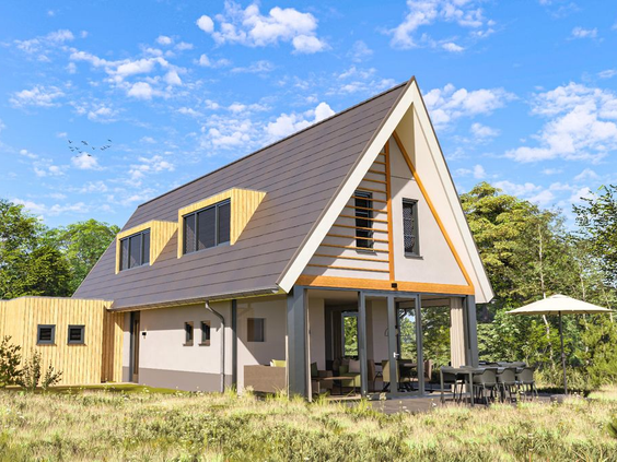 Artist impression van een luxe, vrijstaande vakantiewoning met modern design op Vakantiepark De Strabrechtse Vennen.