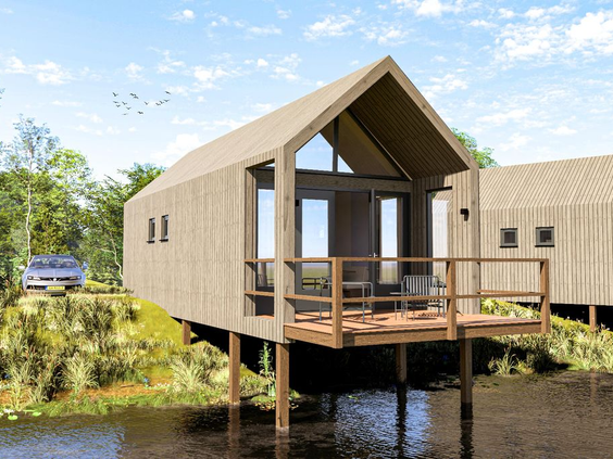 Artist impression van een unieke waterwoning op palen, met een vlonder direct boven het water op Vakantiepark De Strabrechtse Vennen.
