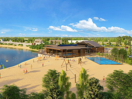 Artist impression van het levendige zandstrand met speeltoestellen en het houten centrumgebouw aan de recreatieplas op De Strabrechtse Vennen.