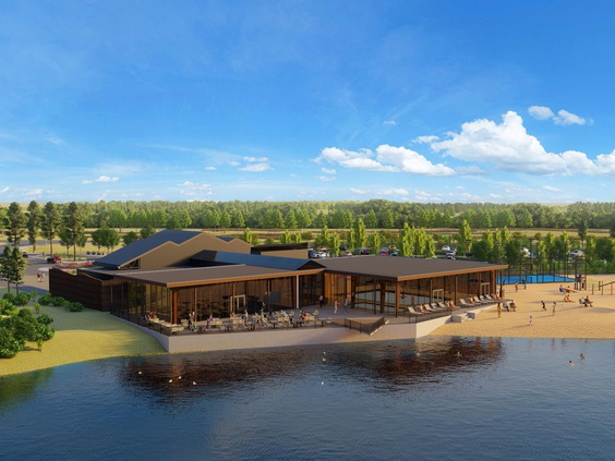 Artist impression van het sfeervolle, houten centrumgebouw met een groot terras direct aan het water van Vakantiepark De Strabrechtse Vennen.