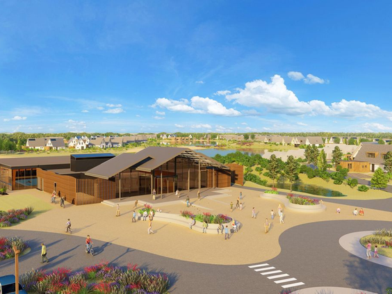 Artist impression van het centrale plein voor het hoofdgebouw van Vakantiepark De Strabrechtse Vennen, waar gasten samenkomen.
