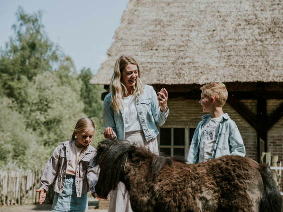 Een gezin met twee kinderen aait een kleine, donkere pony bij de boerderij op Vakantiepark Dierenbos.