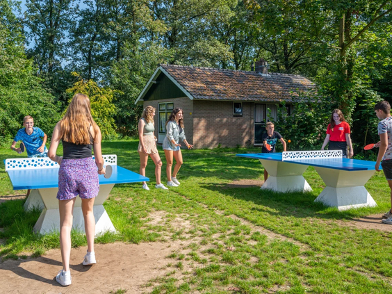 Meisjes spelen tafeltennis op de buitenbaan van het vakantiepark