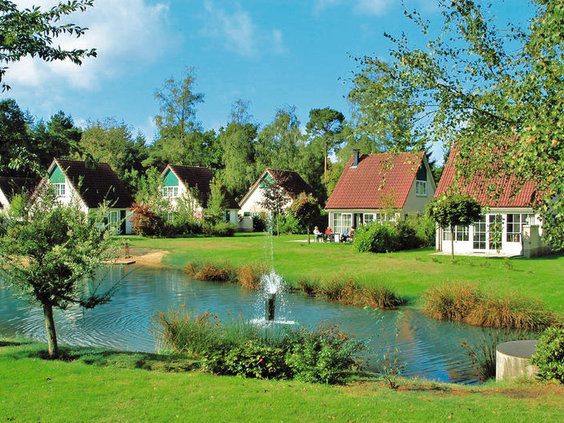 Zonnig overzicht van de vrijstaande vakantiehuisjes aan de waterkant, omgeven door groen op Vakantiepark Hellendoorn.