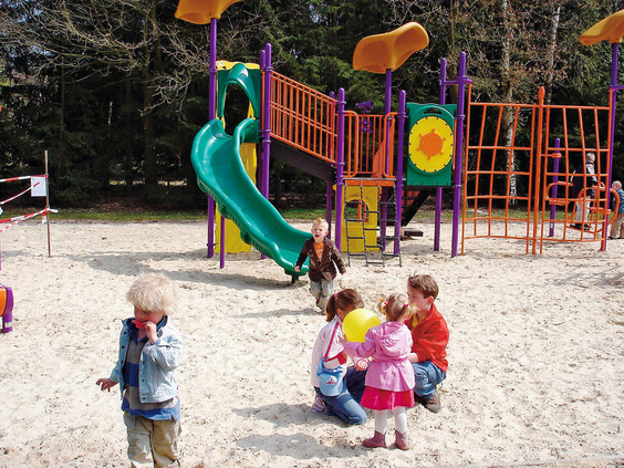 Kinderen spelen samen in de buitenspeeltuin met zandondergrond, glijbaan en klimrek op Vakantiepark Hellendoorn.