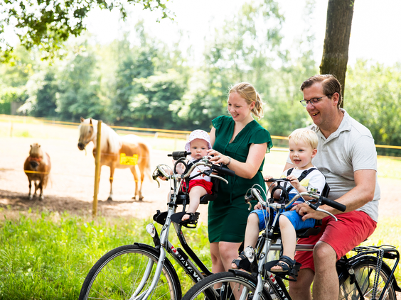 Een gezin met jonge kinderen op de fiets geniet van de bosrijke omgeving van Vakantiepark Leuvert, met paarden in een weiland.