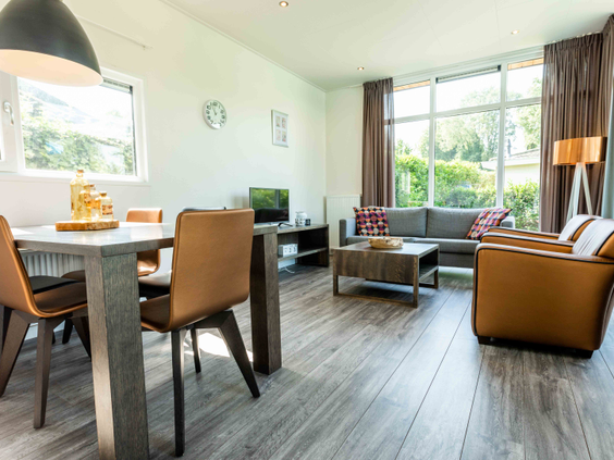 Het stijlvolle en moderne interieur van een vakantiewoning op Vakantiepark Leuvert, met een eethoek en een comfortabele zithoek.