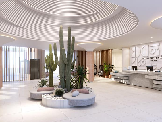 De chique en ruime receptie en lobby van Parque Cristobal, ingericht met grote cactussen en moderne design meubels.