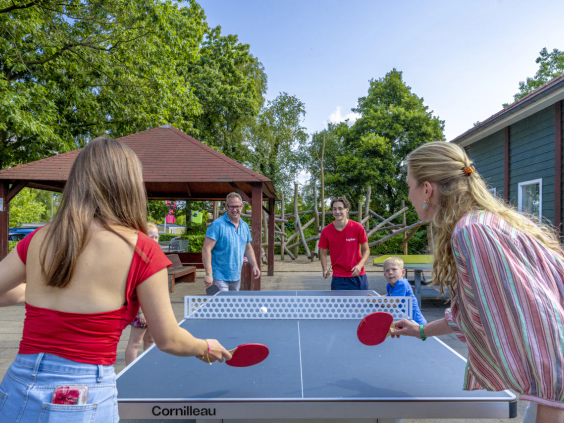 Jongeren spelen tafeltennis bij de buitenbaan op het vakantiepark