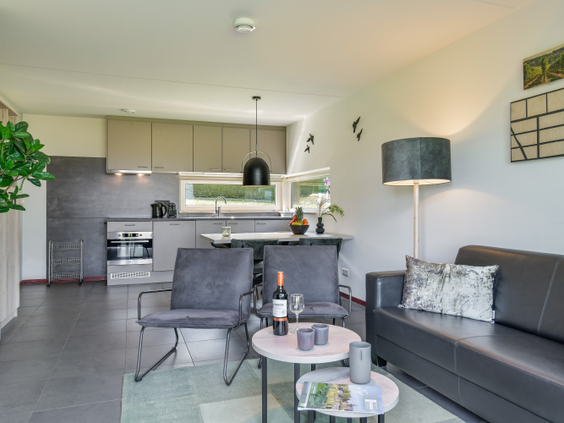 Stijlvol interieur van een vakantiehuis op Vakantiepark Reevallis, met een comfortabele zithoek en moderne open keuken.
