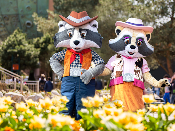 De vrolijke wasbeer mascottes Randy en Rosie poseren voor een foto in Attractiepark Slagharen.