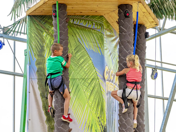 Kinderen klimmen op de indoor klimwand op vakantiepark het Stoetenslagh