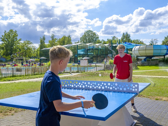 Kinderen spelen tafeltennis op de buitenbaan van de camping
