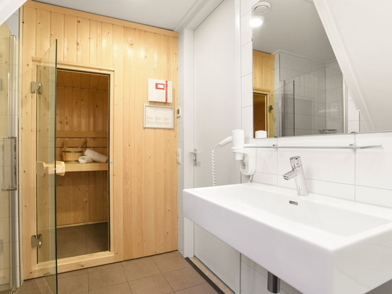 De luxe badkamer in een wellness vakantiehuis op Vakantiepark Volendam, voorzien van een privé sauna.