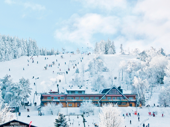 Panoramisch overzicht van het drukke skigebied Winterberg, met besneeuwde hellingen, skiërs, en gebouwen in het dal.