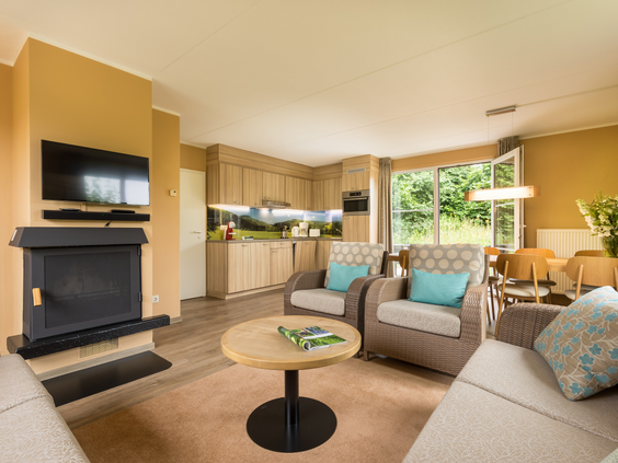 Gezellige en moderne woonkamer in een cottage met een comfortabele zithoek, open haard en een open keuken.