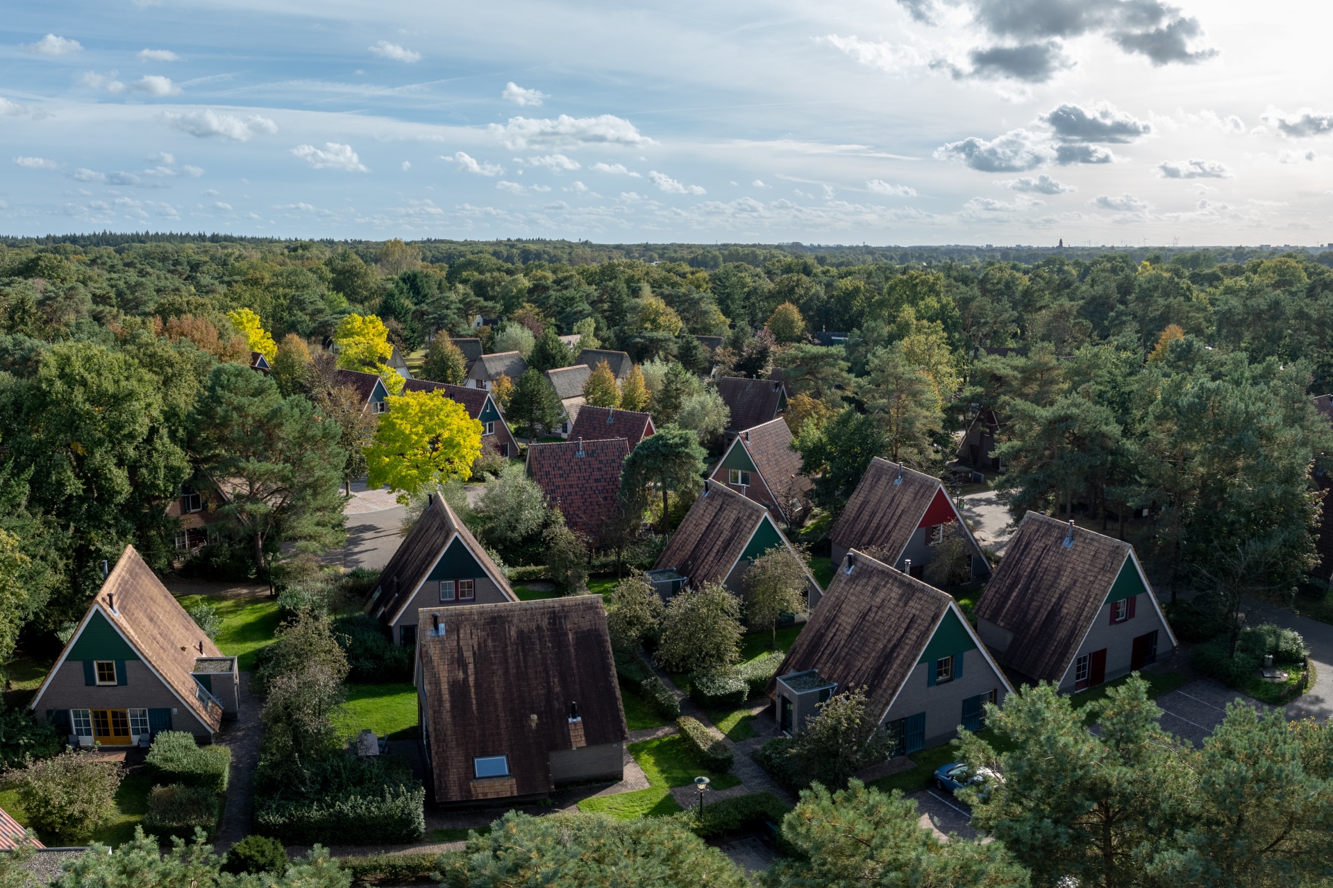 Luchtfoto van Bungalowpark De Katjeskelder waarop de vele A-frame bungalows te zien zijn, verscholen tussen de groene bomen van het bos.