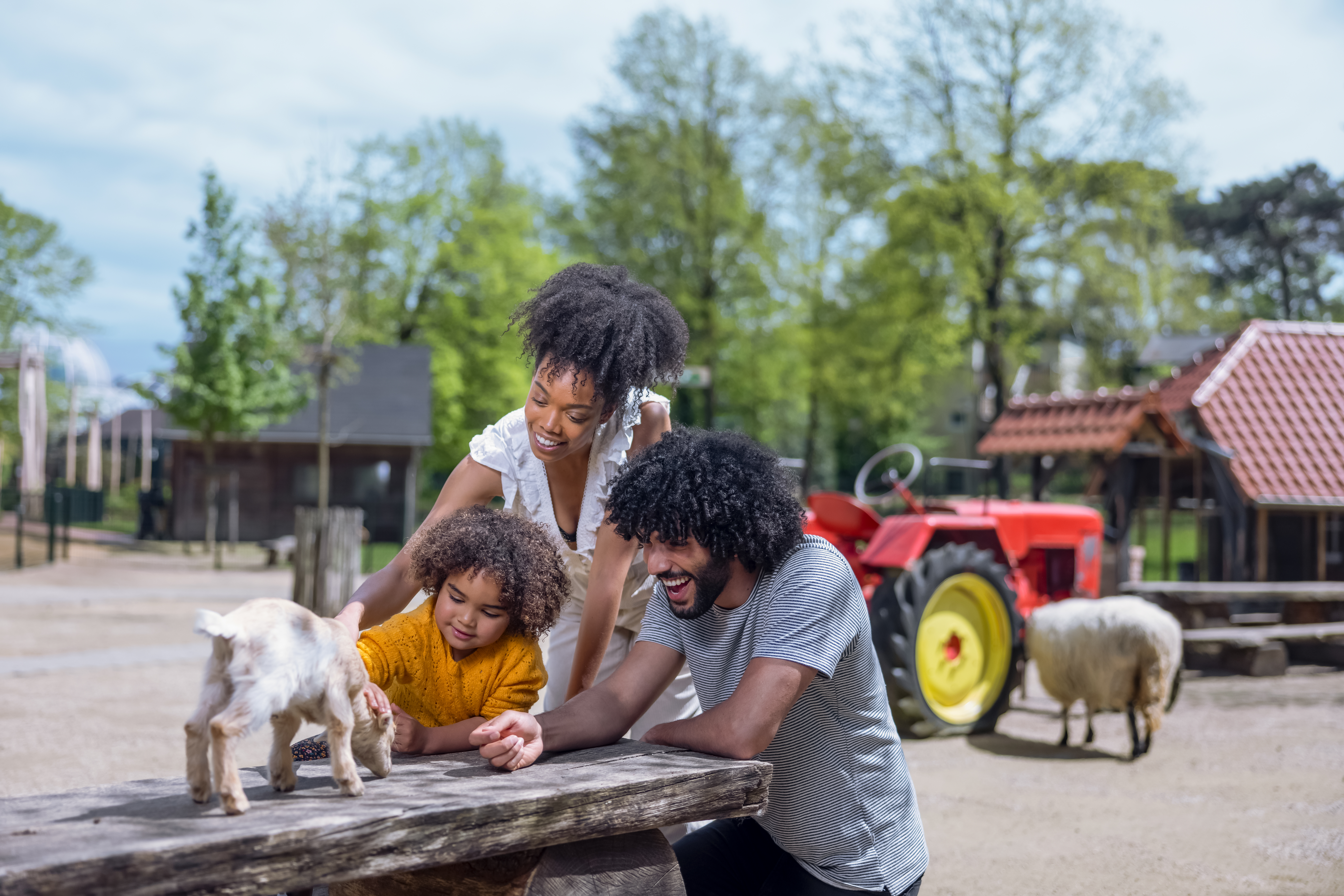 Een gezin met een jong kind aait een klein geitje op de kinderboerderij van Center Parcs Erperheide, met een tractor op de achtergrond.
