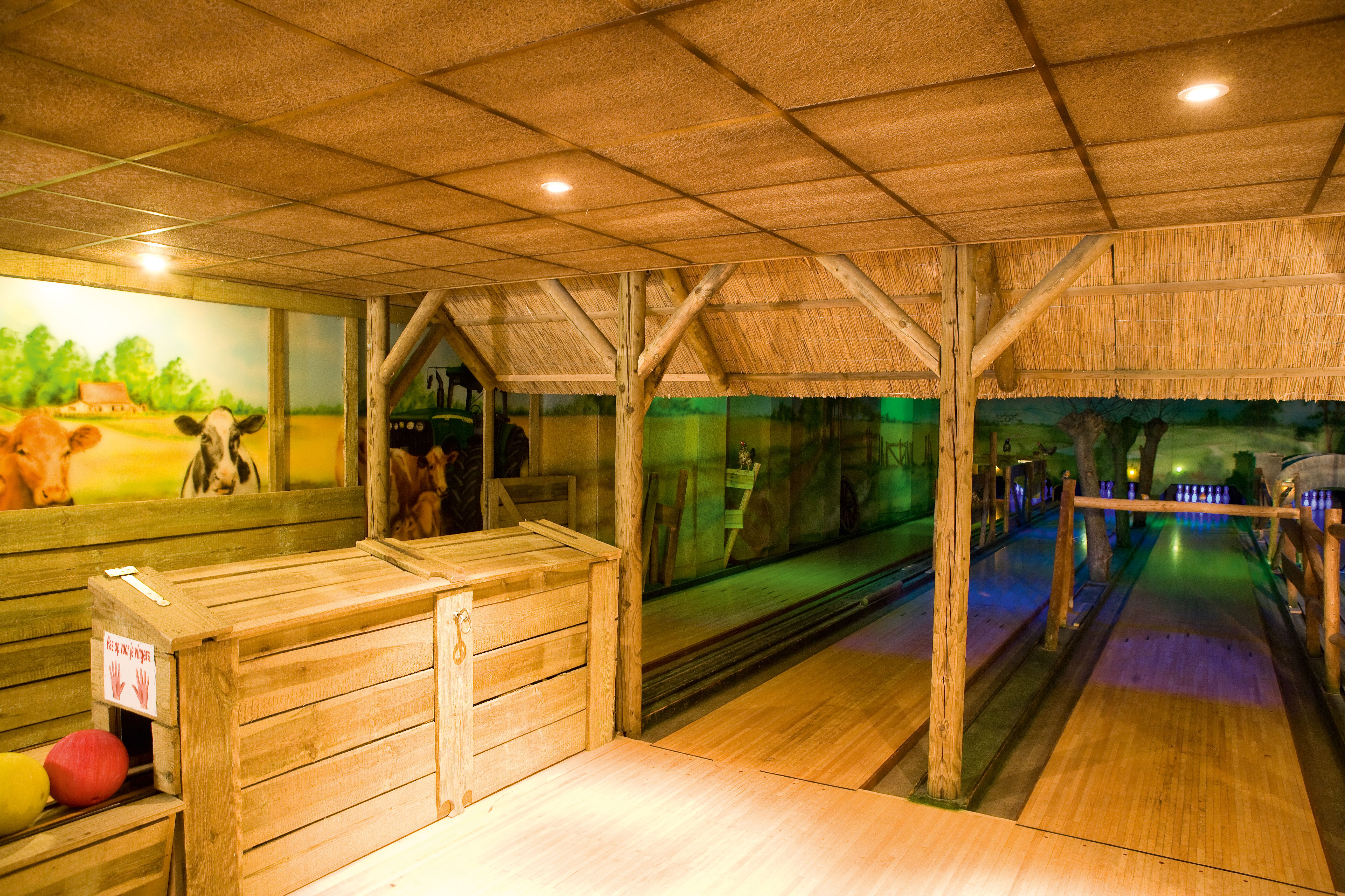 Een gezellige bowlingbaan op Landal Aelderholt, sfeervol ingericht in boerderijstijl met houten details en een bar.