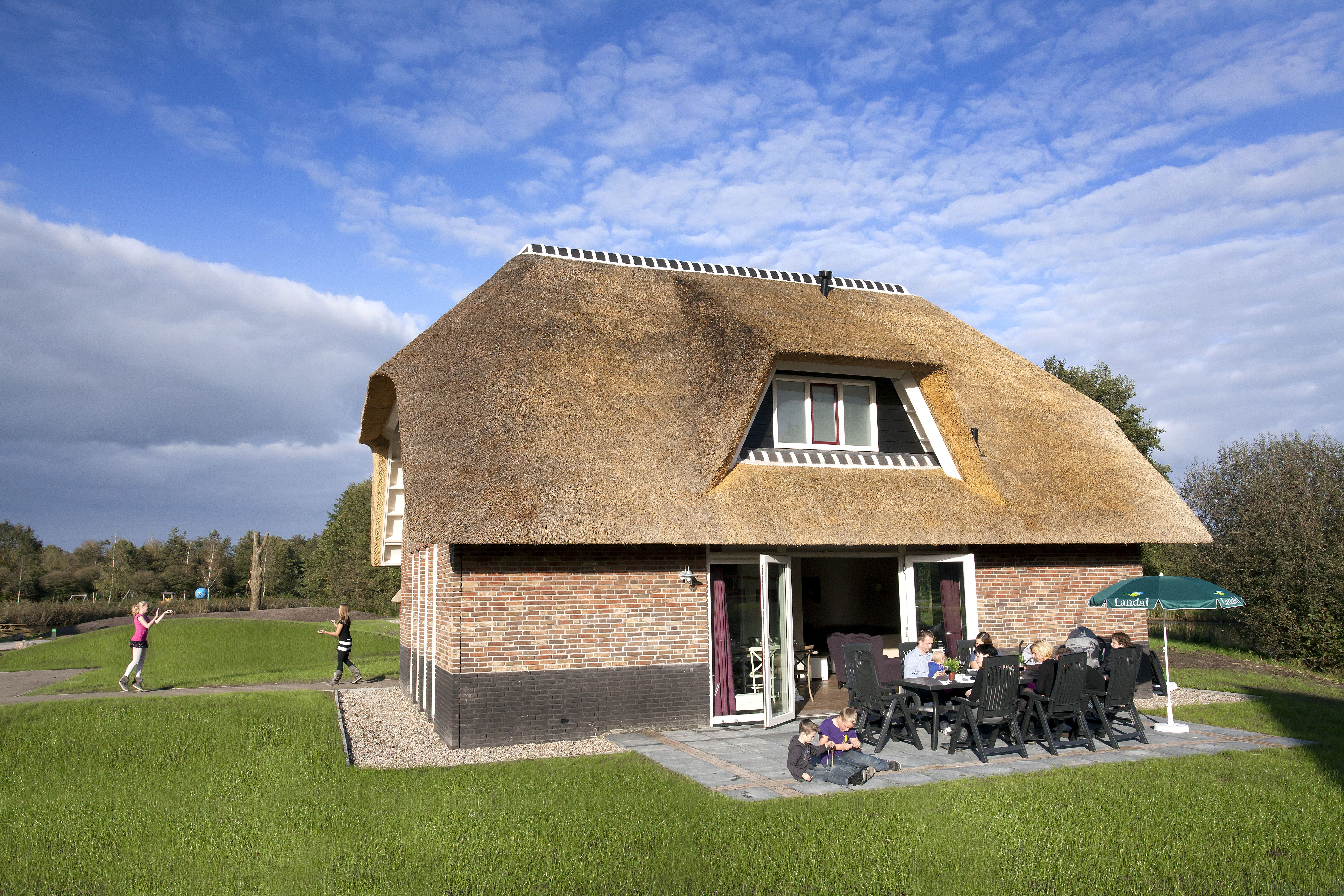 Een luxe, vrijstaande boerderijwoning met een traditioneel rieten dak op Landal Aelderholt, met een groot terras en een uitgestrekt grasveld waar kinderen spelen.