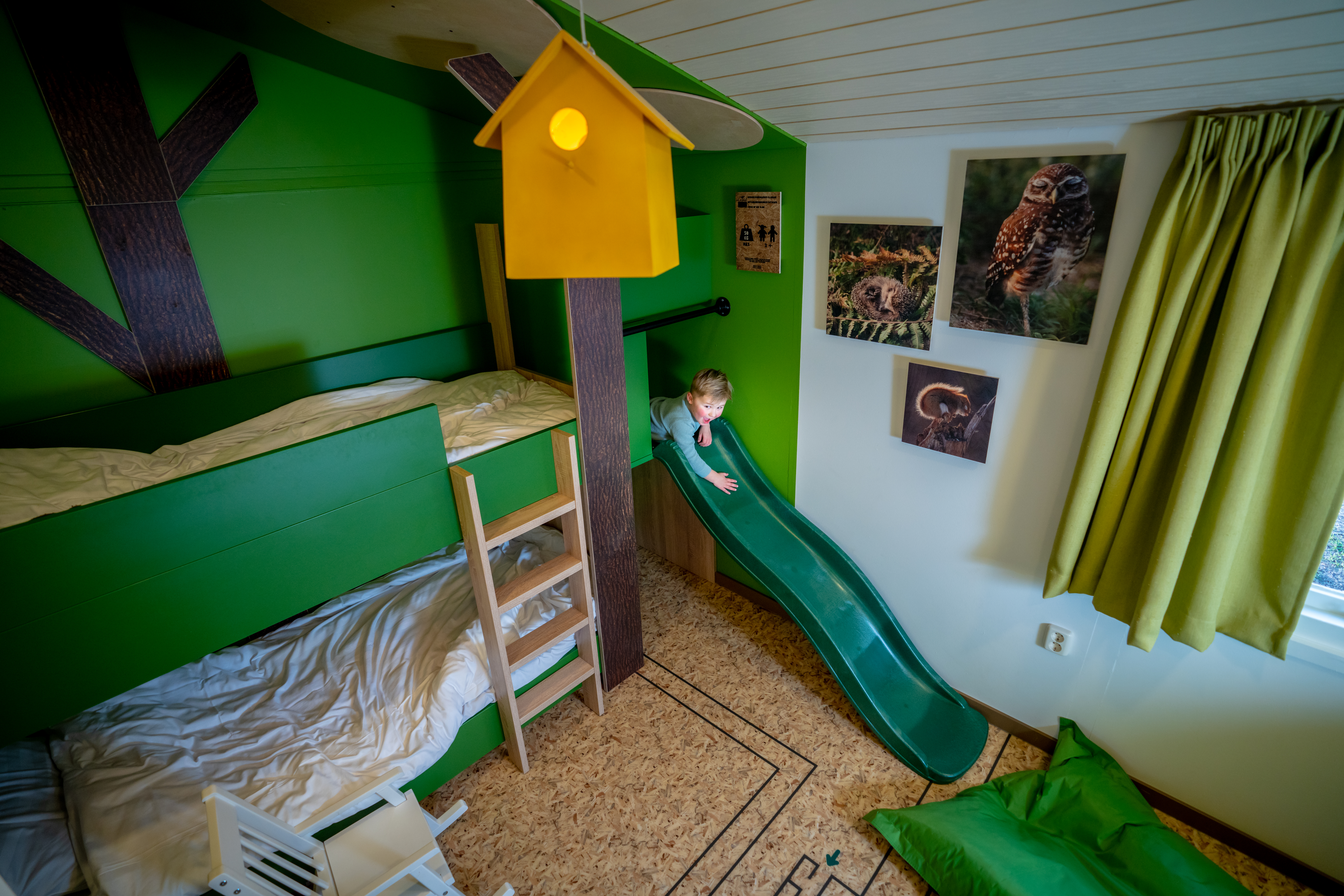 De avontuurlijke kinderslaapkamer in een speciale kinderbungalow op Landal De Lommerbergen, met een boomhut-stapelbed en een eigen glijbaan.