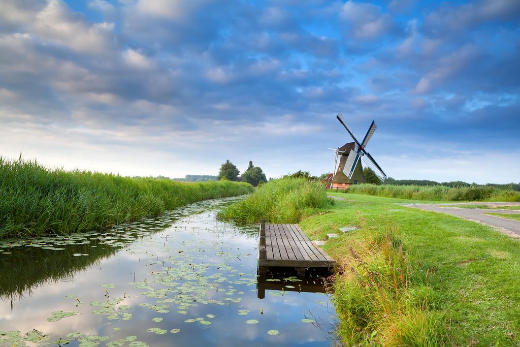 Typisch Hollands landschap in de buurt van Landal De Wedderplassen, met een traditionele molen aan het water in Groningen.