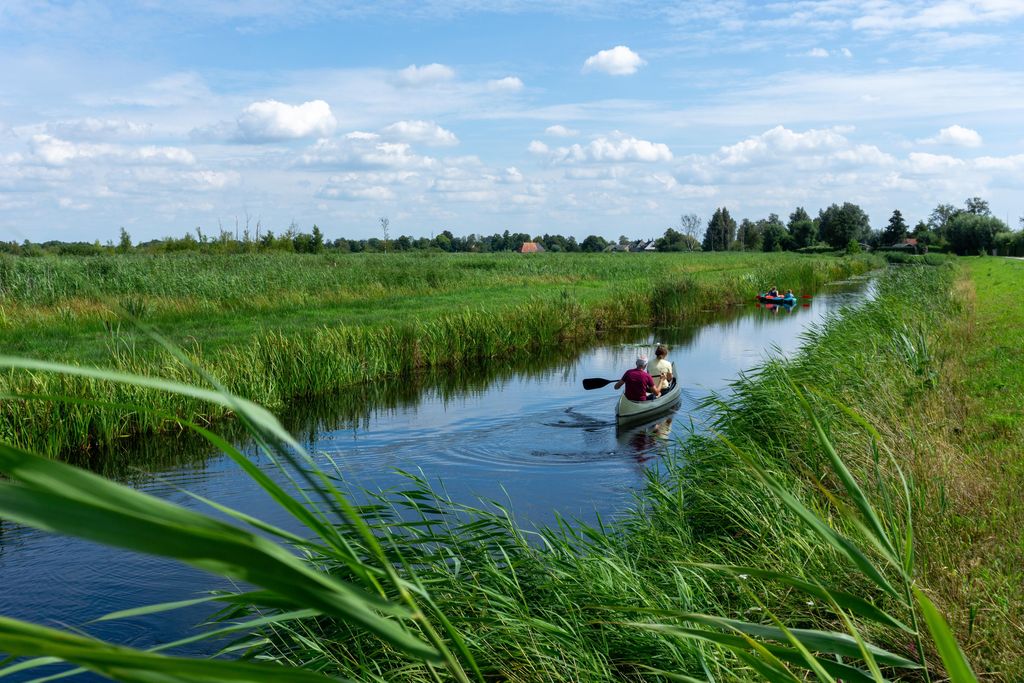 Twee mensen varen in een kano door een sloot in het natuurrijke landschap rondom Landal De Wedderplassen.