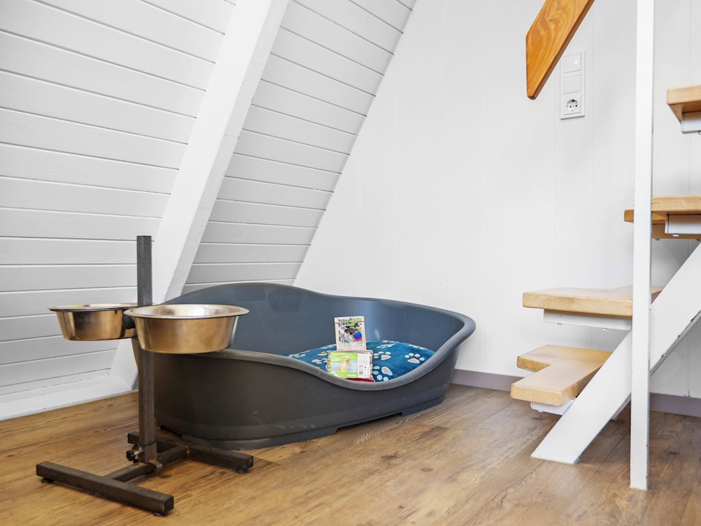Een comfortabele hondenmand, voerbakken op een standaard en hondenspeelgoed staan klaar in de speciale hondenbungalow van Landal Hochwald.