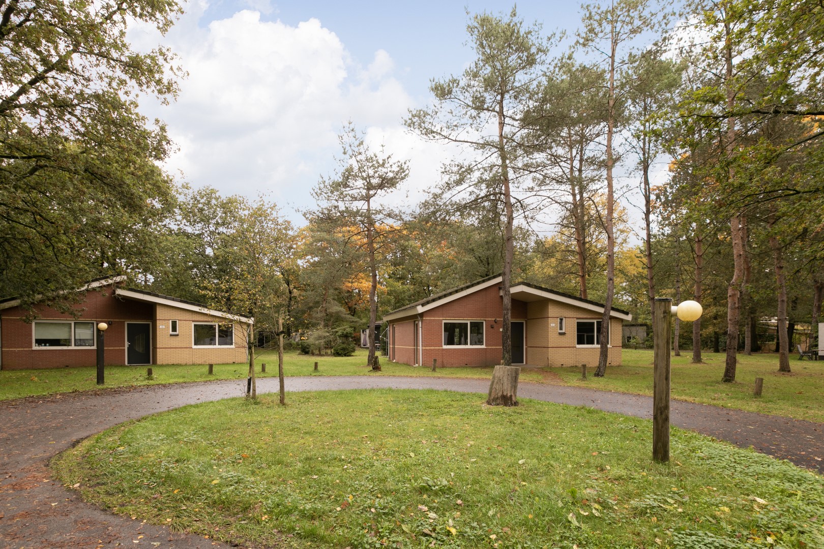 Vrijstaande bungalows van Parc de Berkenhorst, gelegen in het bos op de Veluwe.
