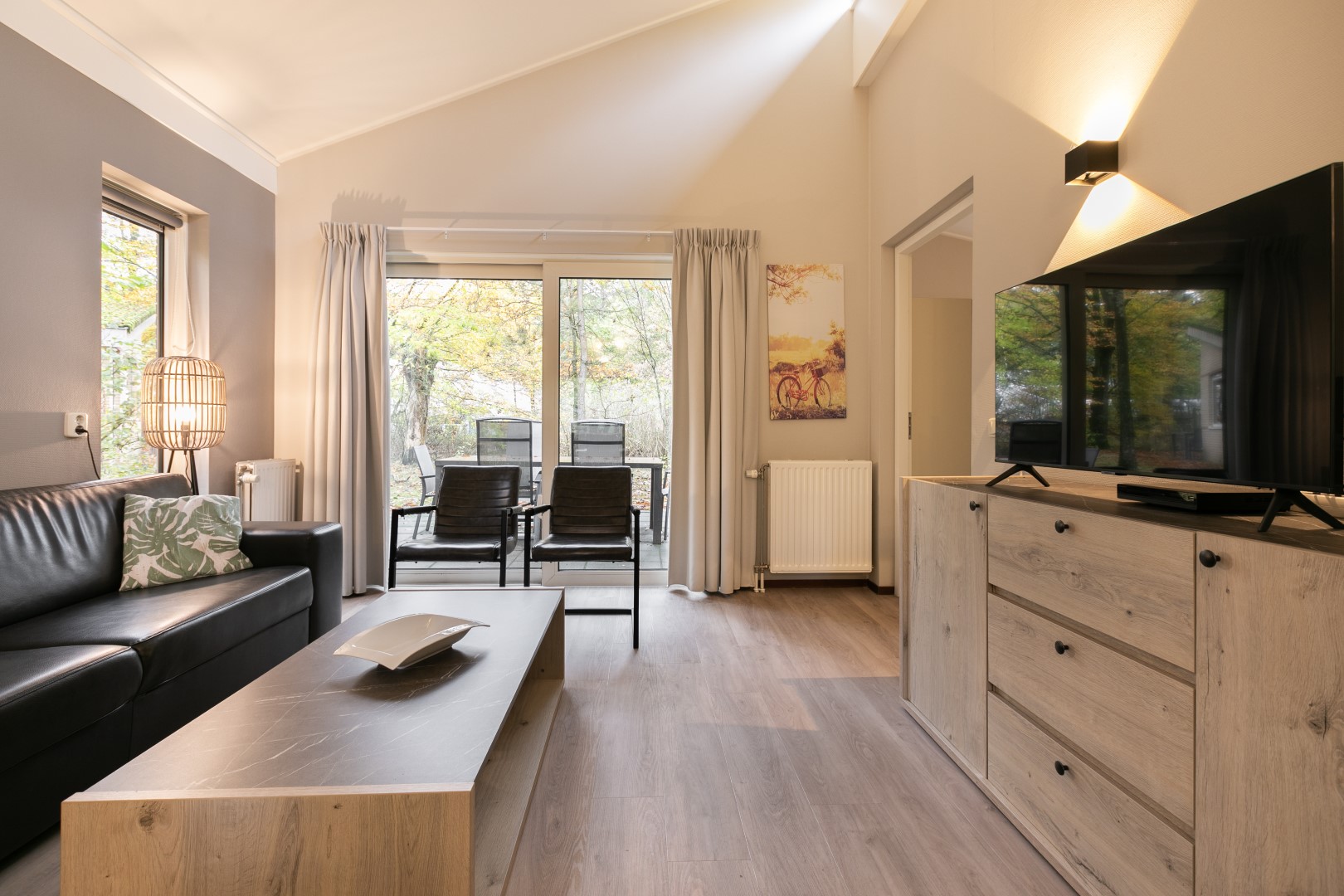 Het interieur van de woonkamer in een bungalow op Parc de Berkenhorst, met een bank, tv en openslaande deuren naar het terras.