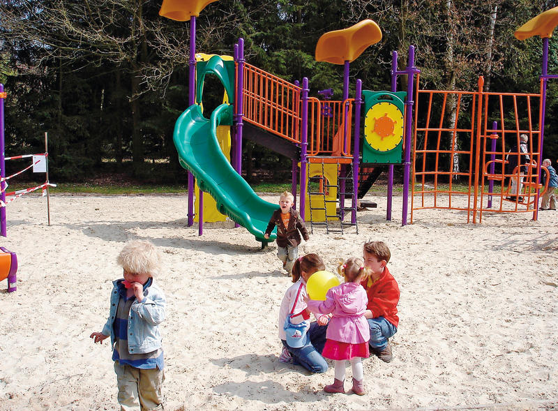 Kinderen spelen samen in de buitenspeeltuin met zandondergrond, glijbaan en klimrek op Vakantiepark Hellendoorn.