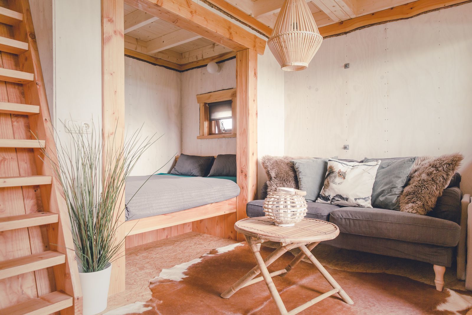 De gezellige woonkamer en bedstee in een boomhut op Vakantiepark Molke, ingericht met natuurlijke materialen en uitzicht naar buiten.