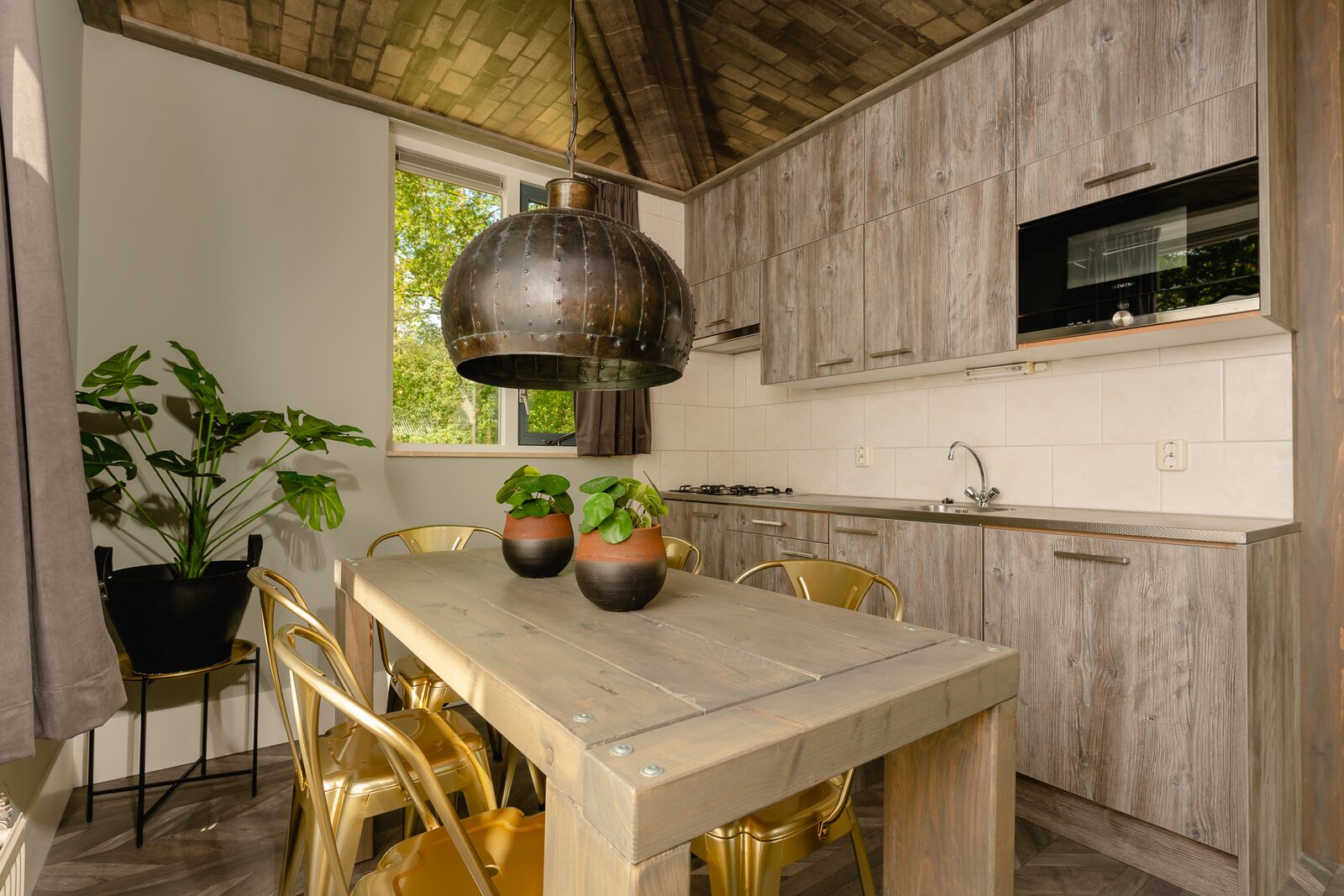 Het stijlvolle interieur van een Regge Lodge op Vakantiepark Molke, met een houten eettafel en moderne keuken.